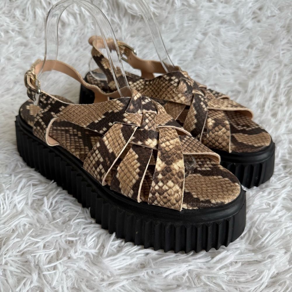 AGL Violante Snake Print Leather Sandals with Lug Platform Sole Size 10.5